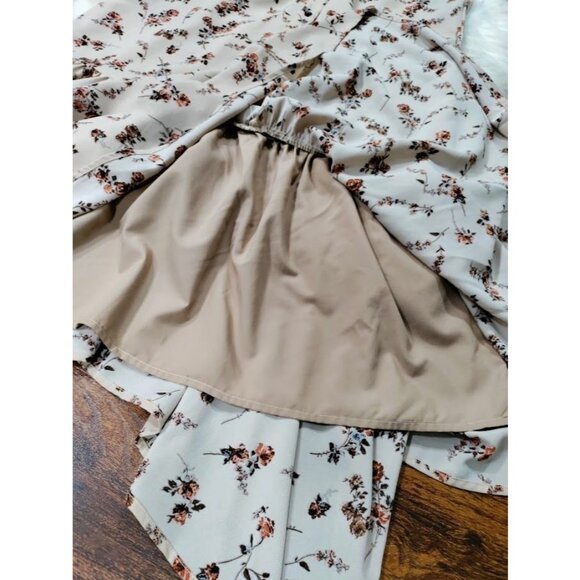 Begonia Puff Long Sleeve High Neck  Floral Print Hi-Low Dress Beige Womens Small - Picture 13 of 15